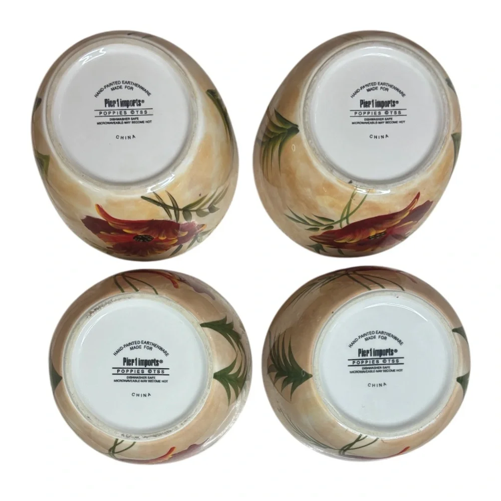 Pier 1 Poppies Bowls 6” Soup / Cereal Bowl Hand Painted Earthenware 4 Pc Set Red